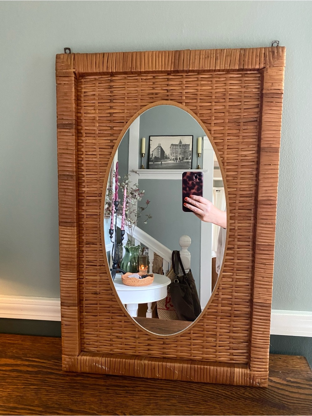 Vintage Wicker Mirror, Oval Inset, Hand-Woven Rattan Wall Decor Mid Century Boho